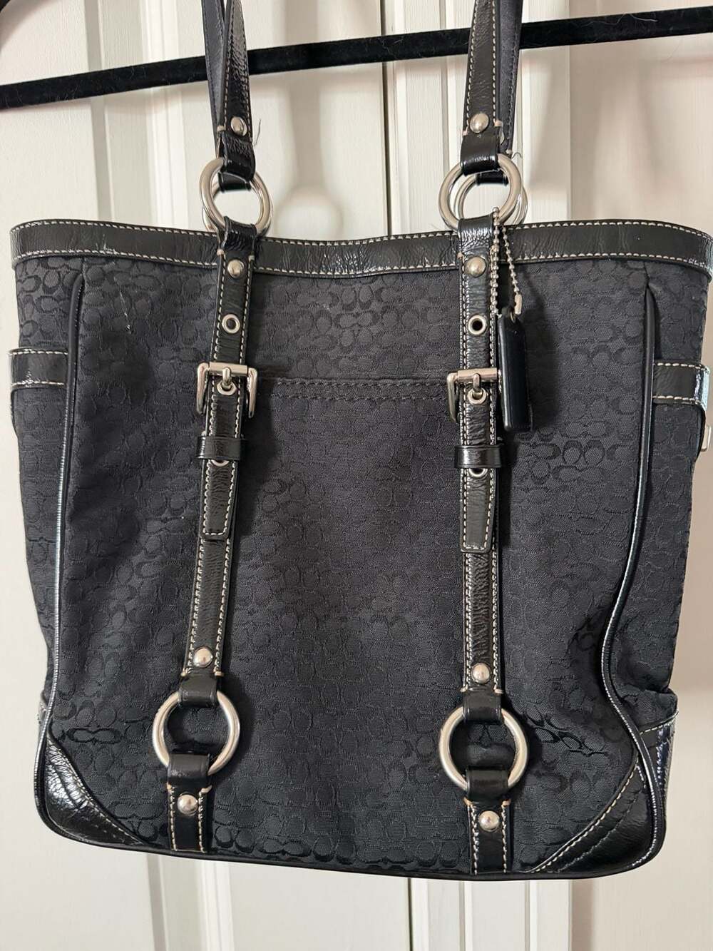 Y2K Vintage Coach Signature Jacquard Gallery Tote Bag — Black & Silver - Picture 9 of 15